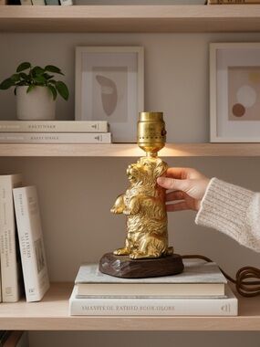 Vintage Brass Dog Lamp Wood‎ Base Whimsical Pup Decor Collectible Scottie Dog